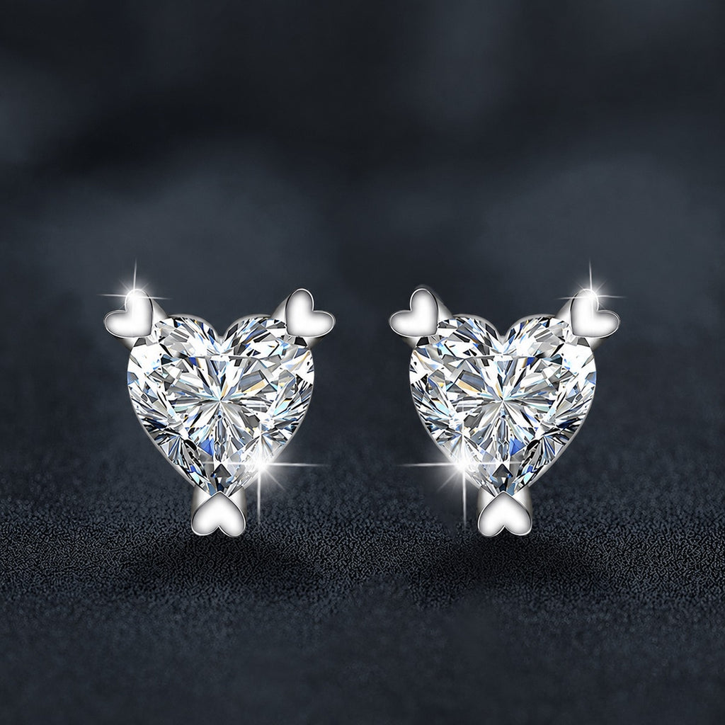 Heart Cut Moissanite Solitaire Stud Earrings in White Gold-Plated S925 sterling silver product scene view showing front sparkle