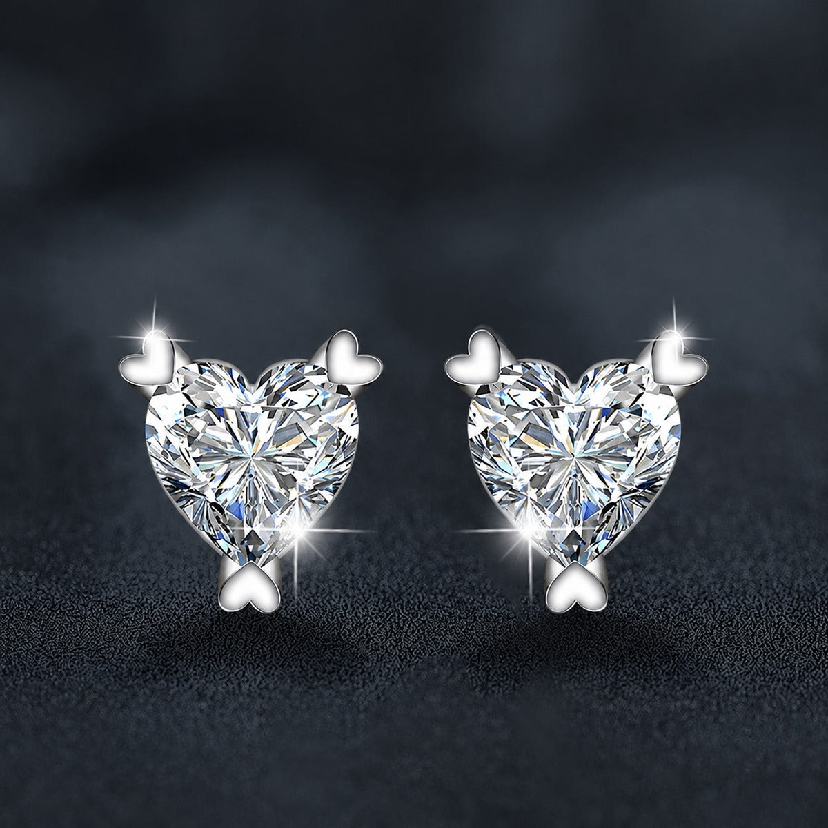 Heart Cut Moissanite Solitaire Stud Earrings in White Gold-Plated S925 sterling silver product scene view showing front sparkle