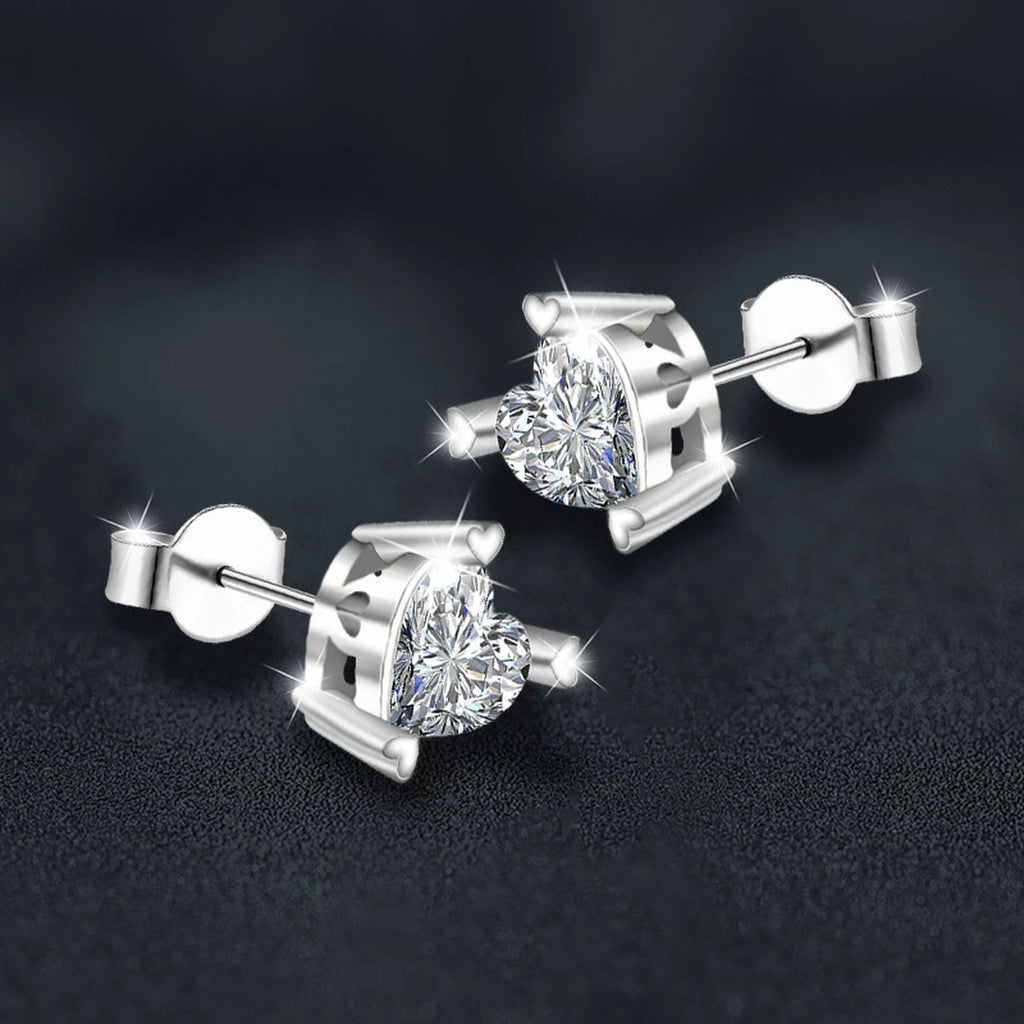 Heart Cut Moissanite Solitaire Stud Earrings in White Gold-Plated S925 sterling silver product scene view showing side profile