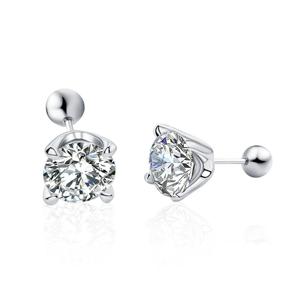 Four-Prong Round Moissanite Screw-Back Stud Earrings in White Gold-Plated S925 sterling silver white background product photo showing the pair, stone shape, and stud earrings silhouette