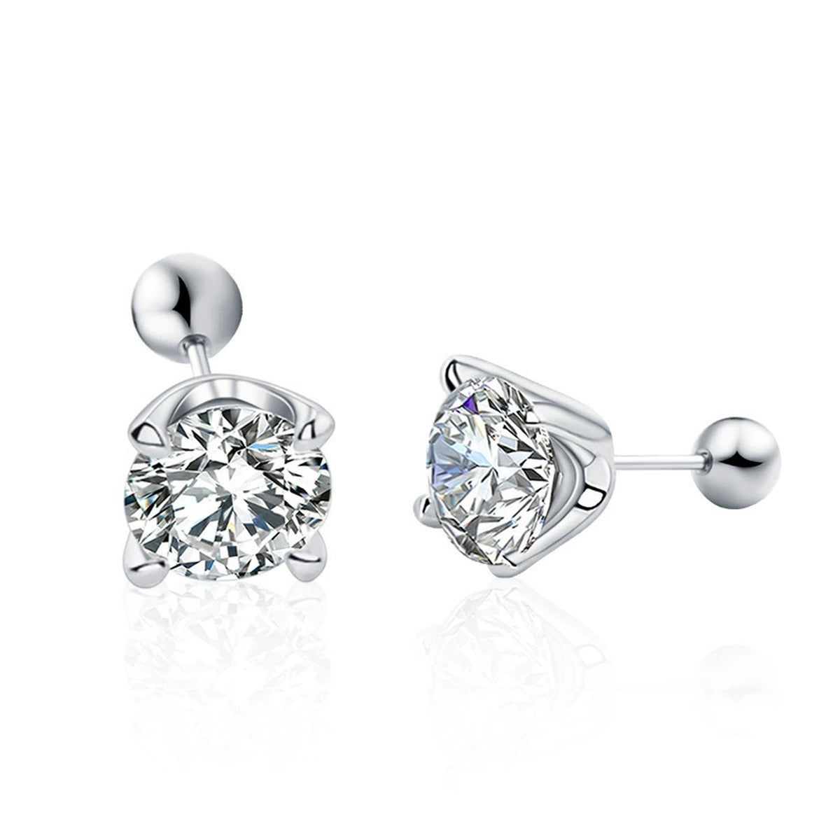 Four-Prong Round Moissanite Screw-Back Stud Earrings in White Gold-Plated S925 sterling silver white background product photo showing the pair, stone shape, and stud earrings silhouette