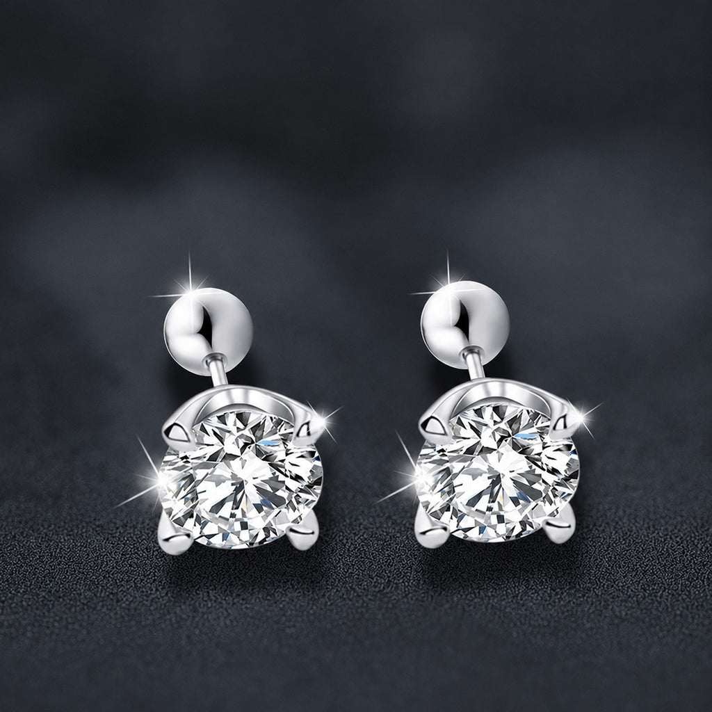 Four-Prong Round Moissanite Screw-Back Stud Earrings in White Gold-Plated S925 sterling silver product scene view showing front sparkle