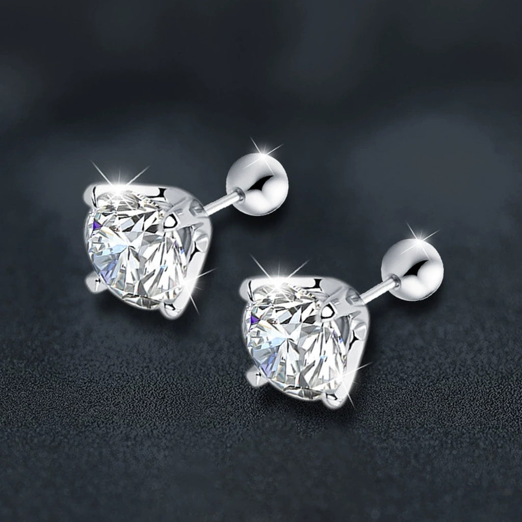 Four-Prong Round Moissanite Screw-Back Stud Earrings in White Gold-Plated S925 sterling silver product scene view showing angled setting detail