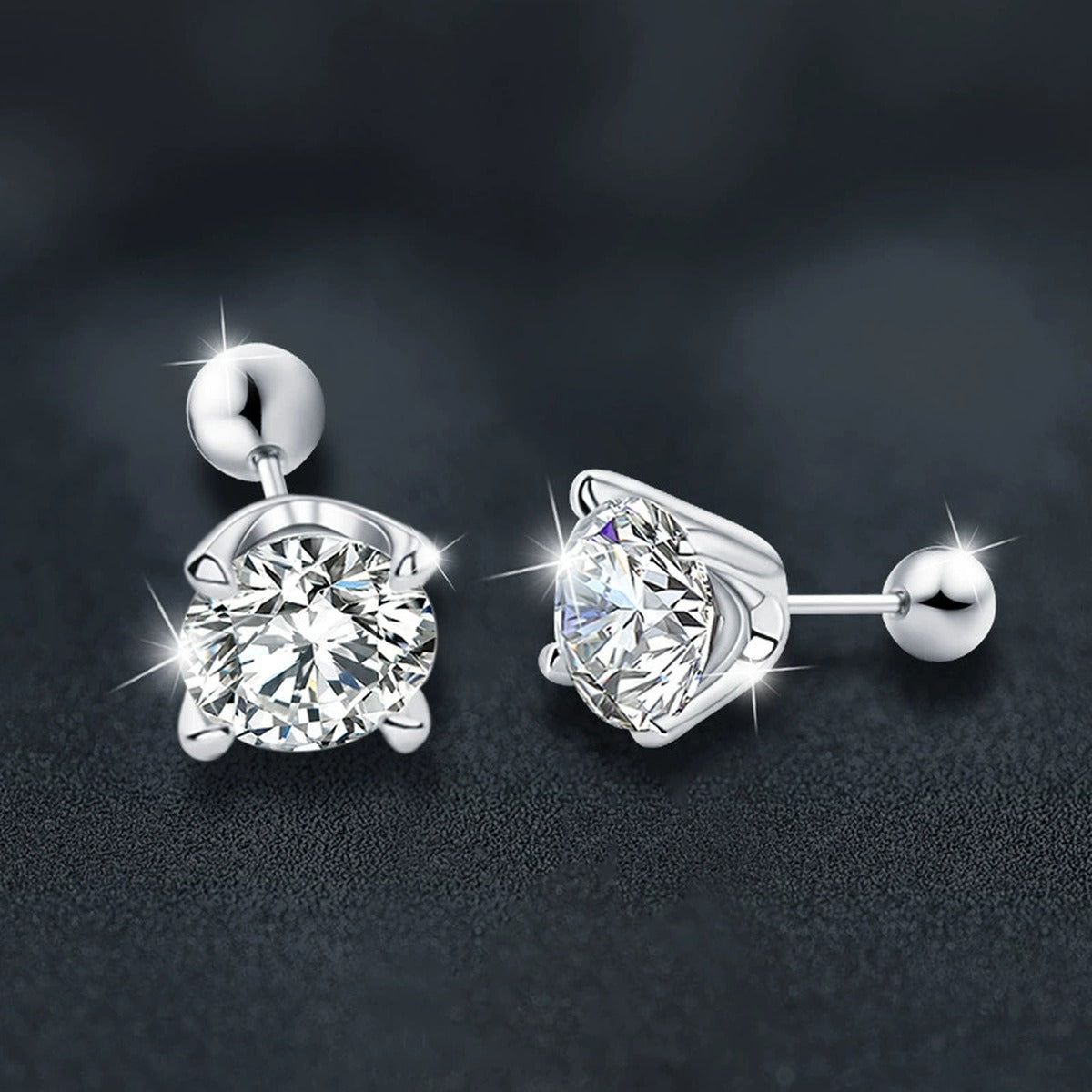 Four-Prong Round Moissanite Screw-Back Stud Earrings in White Gold-Plated S925 sterling silver product scene view showing side profile