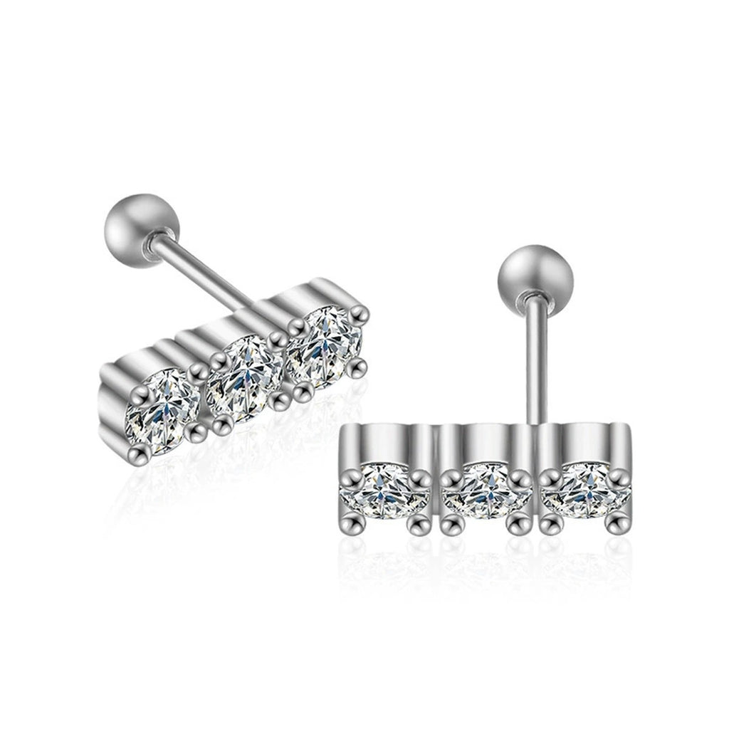 Graduated Round Moissanite Bar Screw-Back Stud Earrings in White Gold-Plated S925 sterling silver white background product photo showing the pair, stone shape, and stud earrings silhouette