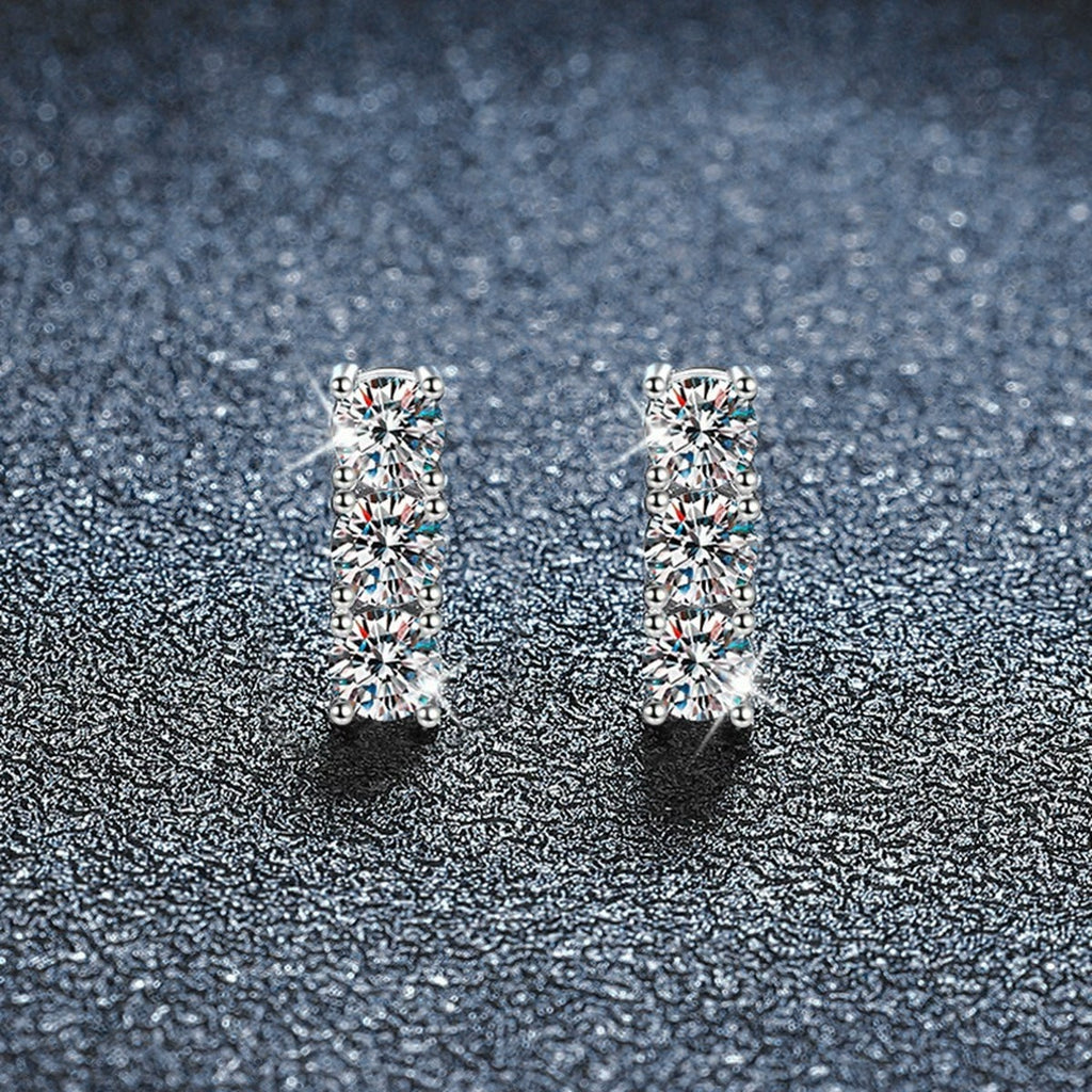 Graduated Round Moissanite Bar Screw-Back Stud Earrings in White Gold-Plated S925 sterling silver product scene view showing front sparkle