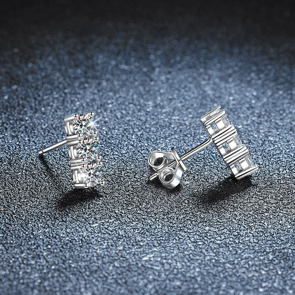 Graduated Round Moissanite Bar Screw-Back Stud Earrings in White Gold-Plated S925 sterling silver product scene view showing angled setting detail