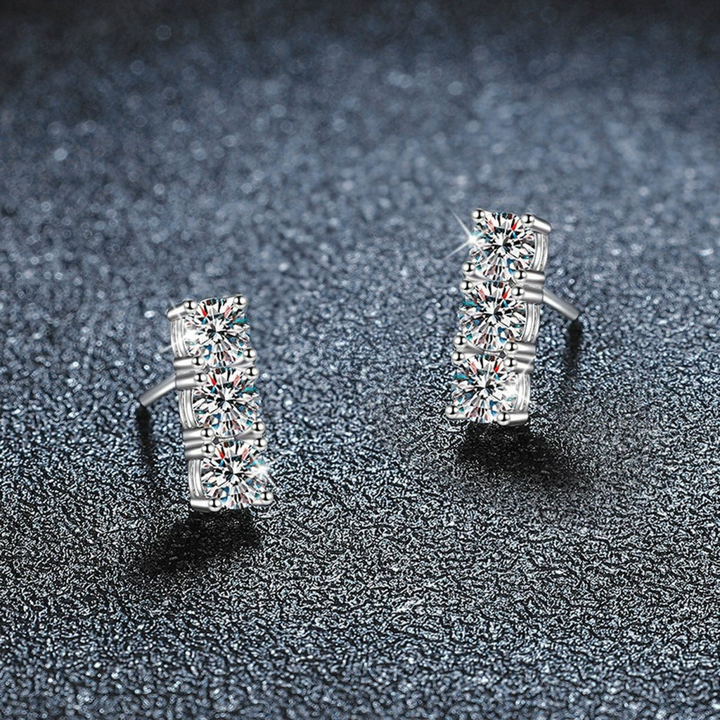 Graduated Round Moissanite Bar Screw-Back Stud Earrings in White Gold-Plated S925 sterling silver product scene view showing side profile
