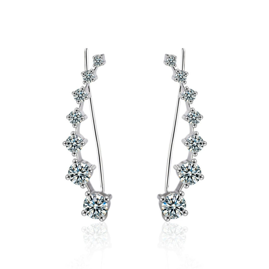 Graduated Round Moissanite Ear Climber Earrings in White Gold-Plated S925 sterling silver white background product photo showing the pair, stone shape, and earrings silhouette
