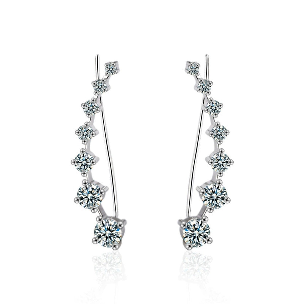 Graduated Round Moissanite Ear Climber Earrings in White Gold-Plated S925 sterling silver white background product photo showing the pair, stone shape, and earrings silhouette