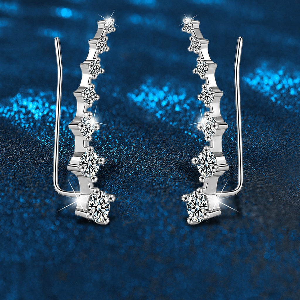 Graduated Round Moissanite Ear Climber Earrings in White Gold-Plated S925 sterling silver product scene view showing front sparkle