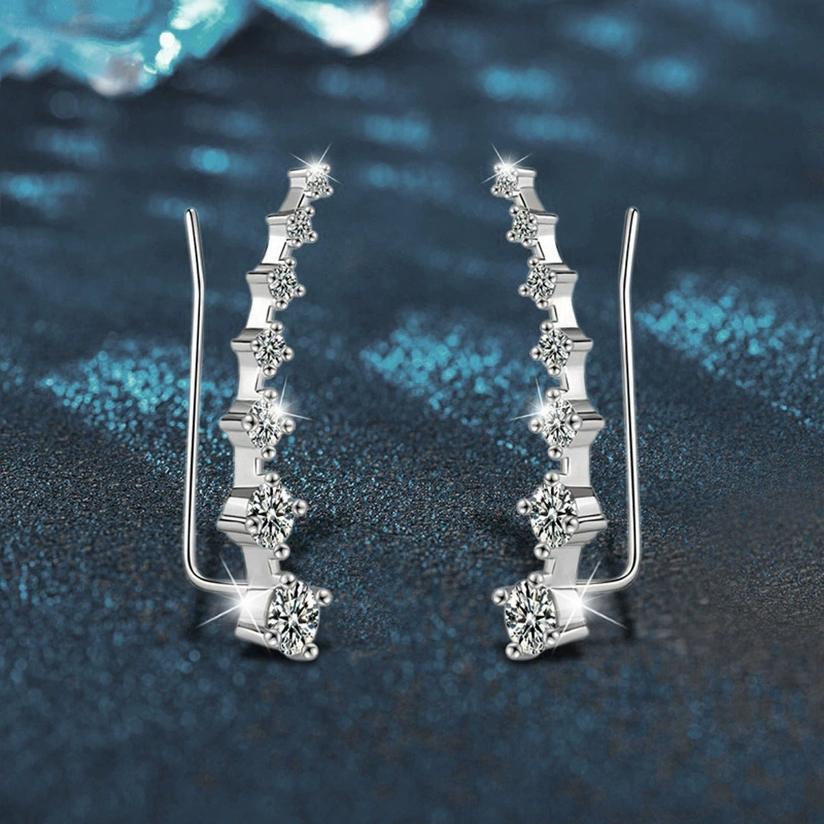 Graduated Round Moissanite Ear Climber Earrings in White Gold-Plated S925 sterling silver product scene view showing side profile