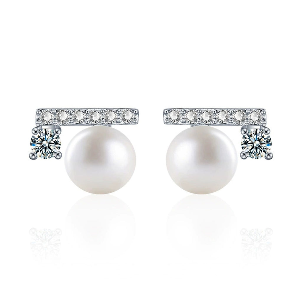 Geometric Round Moissanite and Pearl Stud Earrings with CZ in White Gold-Plated S925 sterling silver white background product photo showing the pair, stone shape, and stud earrings silhouette