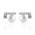 Geometric Round Moissanite and Pearl Stud Earrings with CZ in White Gold-Plated S925 sterling silver white background product photo showing the pair, stone shape, and stud earrings silhouette