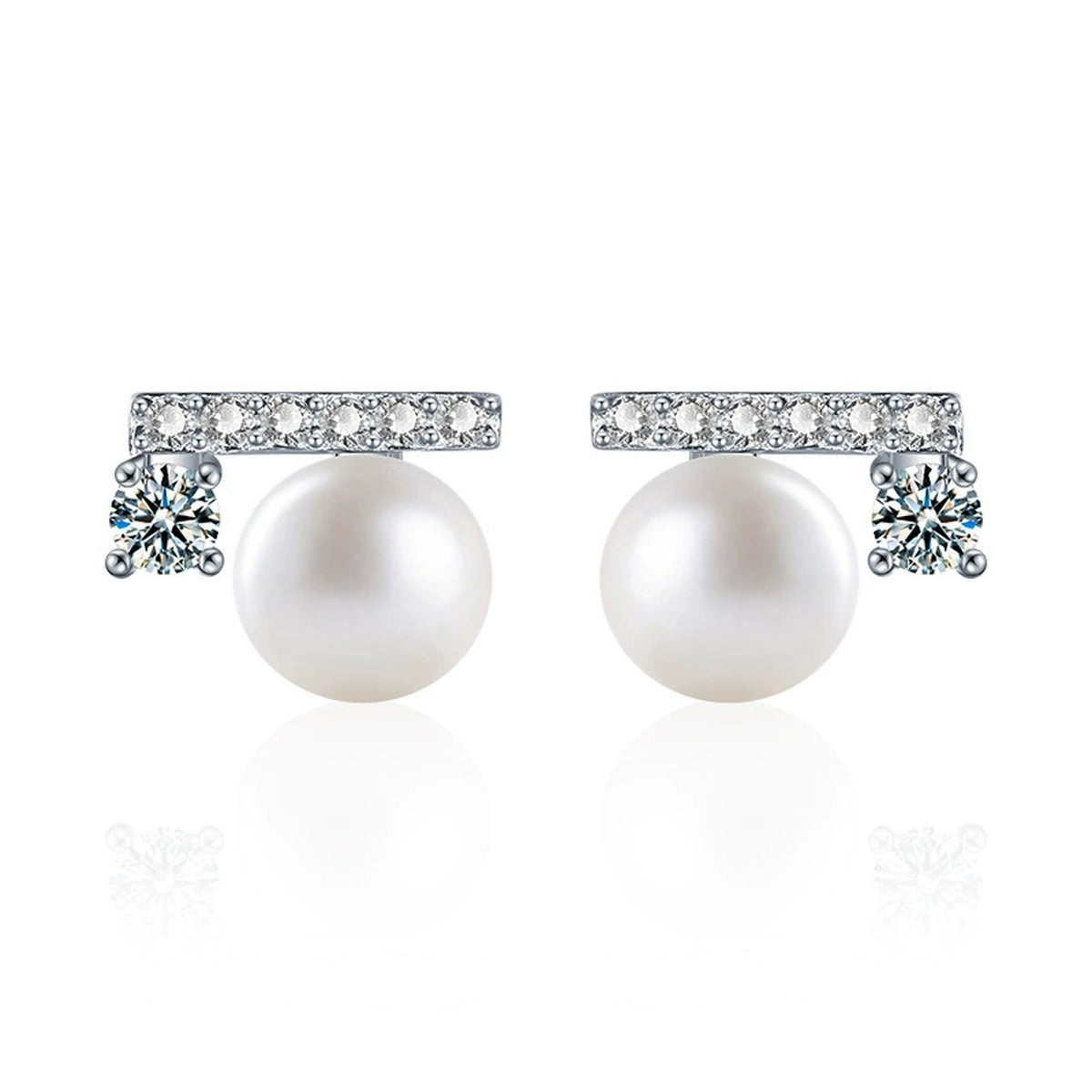 Geometric Round Moissanite and Pearl Stud Earrings with CZ in White Gold-Plated S925 sterling silver white background product photo showing the pair, stone shape, and stud earrings silhouette