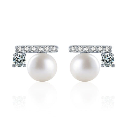 Geometric Round Moissanite and Pearl Stud Earrings with CZ in White Gold-Plated S925 sterling silver white background product photo showing the pair, stone shape, and stud earrings silhouette