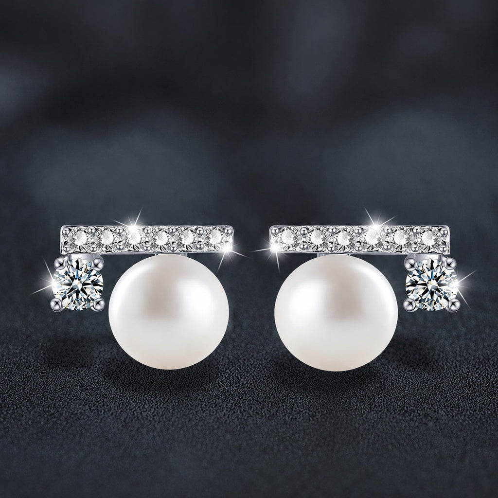 Geometric Round Moissanite and Pearl Stud Earrings with CZ in White Gold-Plated S925 sterling silver product scene view showing front sparkle