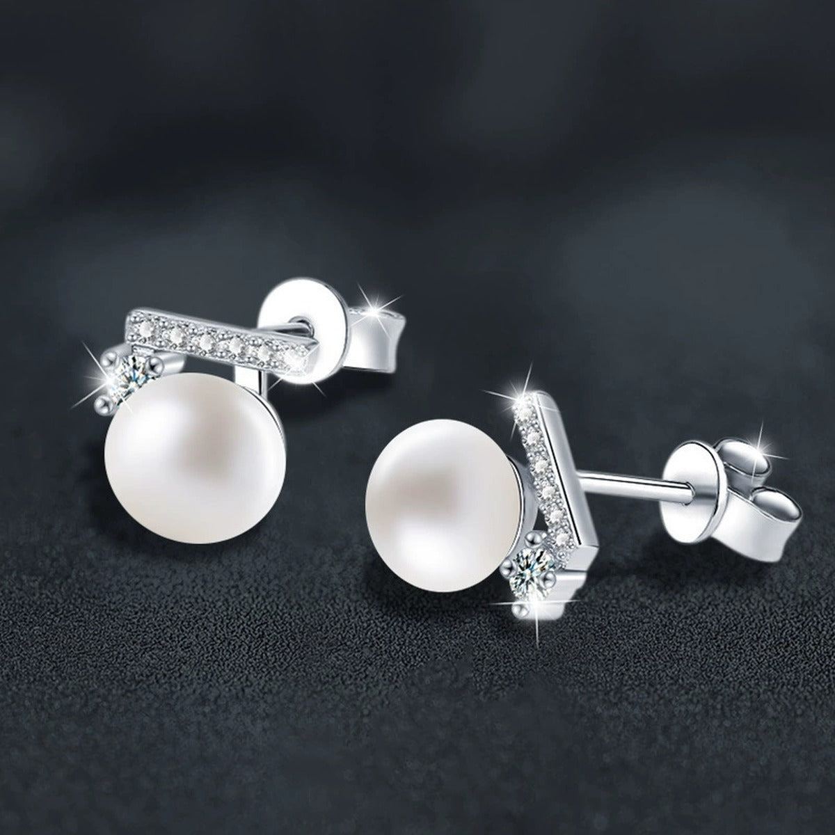 Geometric Round Moissanite and Pearl Stud Earrings with CZ in White Gold-Plated S925 sterling silver product scene view showing angled setting detail