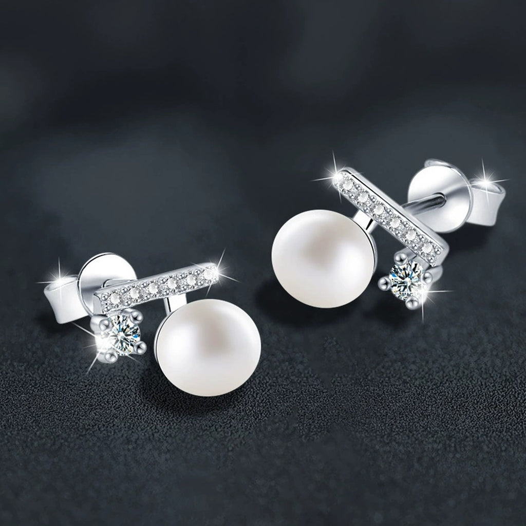 Geometric Round Moissanite and Pearl Stud Earrings with CZ in White Gold-Plated S925 sterling silver product scene view showing side profile