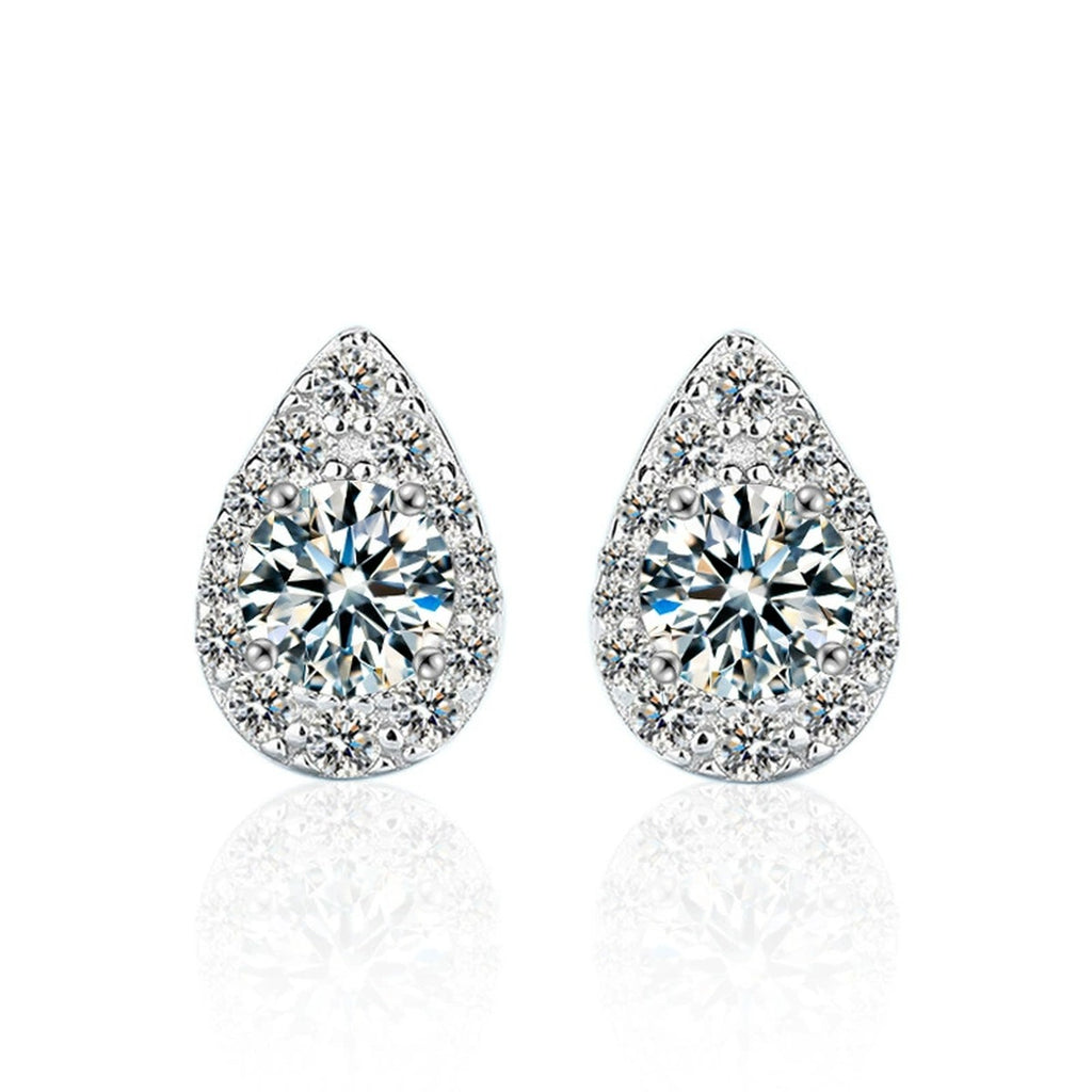 Teardrop Round Moissanite Stud Earrings with CZ in White Gold-Plated S925 sterling silver white background product photo showing the pair, stone shape, and stud earrings silhouette