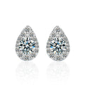 Teardrop Round Moissanite Stud Earrings with CZ in White Gold-Plated S925 sterling silver white background product photo showing the pair, stone shape, and stud earrings silhouette