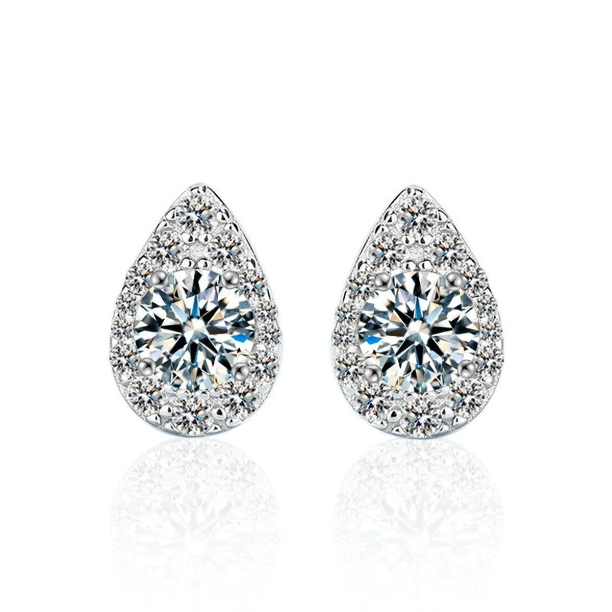 Teardrop Round Moissanite Stud Earrings with CZ in White Gold-Plated S925 sterling silver white background product photo showing the pair, stone shape, and stud earrings silhouette