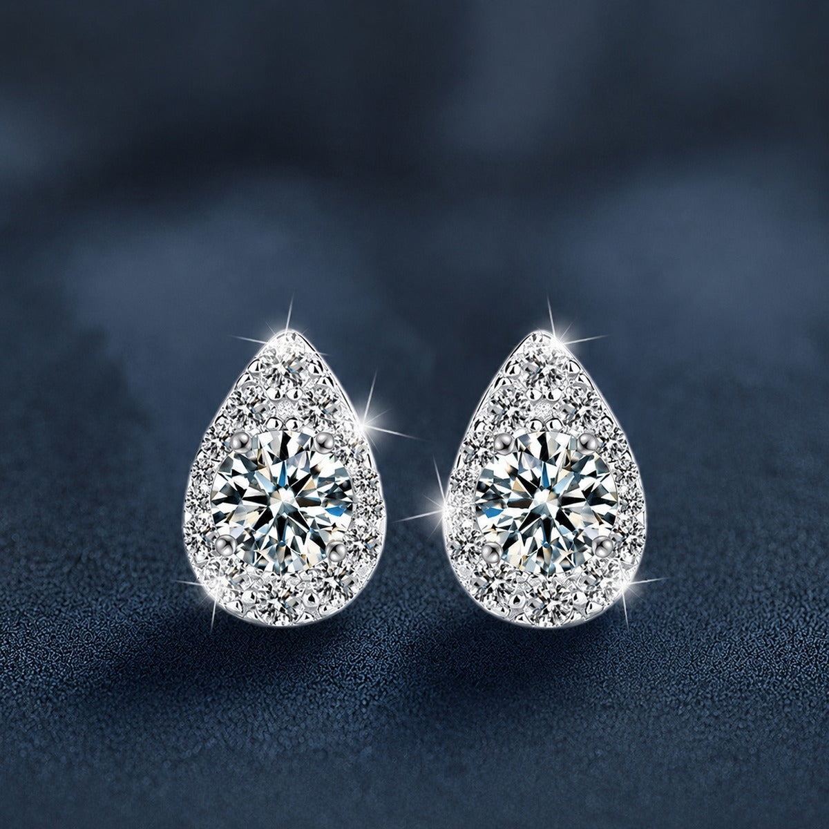 Teardrop Round Moissanite Stud Earrings with CZ in White Gold-Plated S925 sterling silver product scene view showing front sparkle