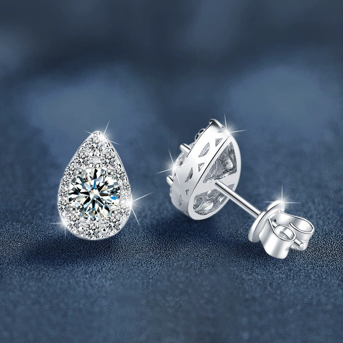 Teardrop Round Moissanite Stud Earrings with CZ in White Gold-Plated S925 sterling silver product scene view showing angled setting detail