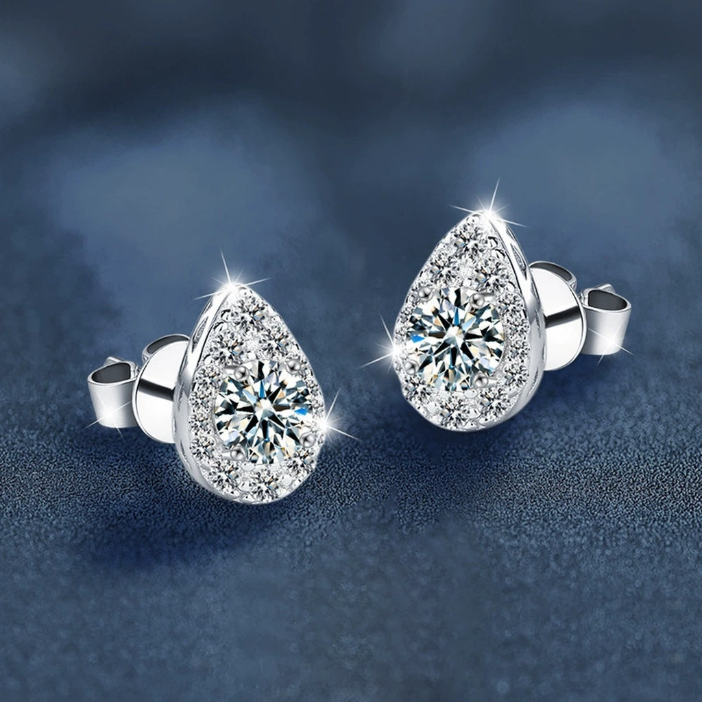 Teardrop Round Moissanite Stud Earrings with CZ in White Gold-Plated S925 sterling silver product scene view showing side profile