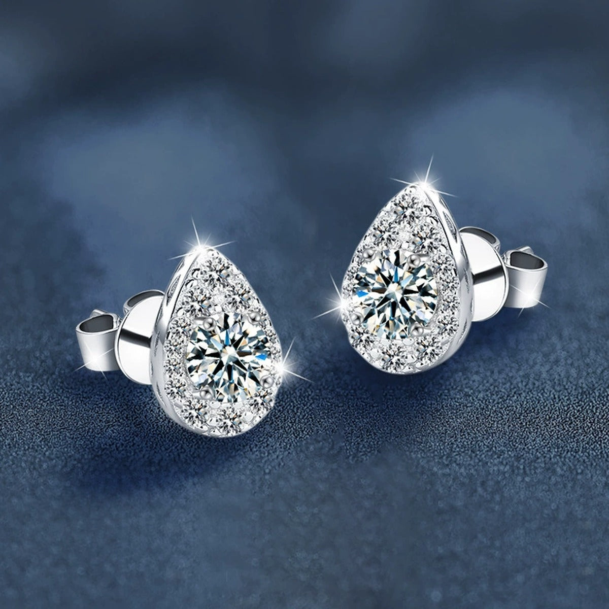 Teardrop Round Moissanite Stud Earrings with CZ in White Gold-Plated S925 sterling silver product scene view showing side profile