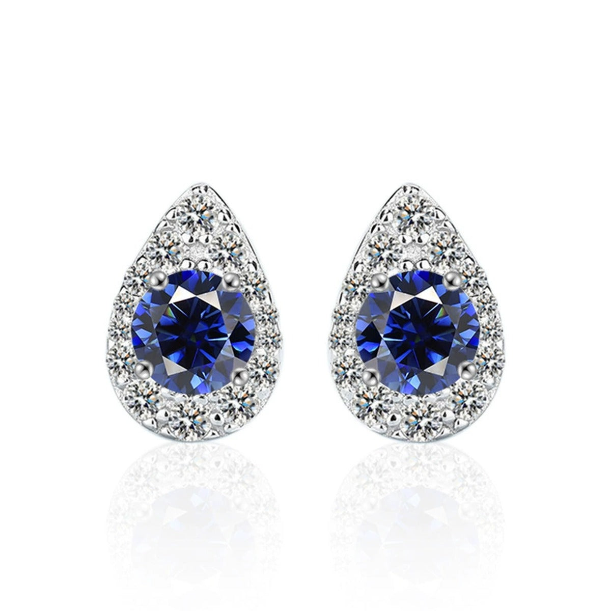 Teardrop Round Moissanite Stud Earrings with CZ in White Gold-Plated S925 sterling silver product scene view showing pair comparison