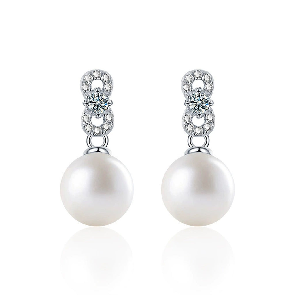 Infinity Round Moissanite and Pearl Stud Dangle Earrings with CZ in White Gold-Plated S925 sterling silver white background product photo showing the pair, stone shape, and stud dangle earrings silhouette