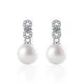Infinity Round Moissanite and Pearl Stud Dangle Earrings with CZ in White Gold-Plated S925 sterling silver white background product photo showing the pair, stone shape, and stud dangle earrings silhouette