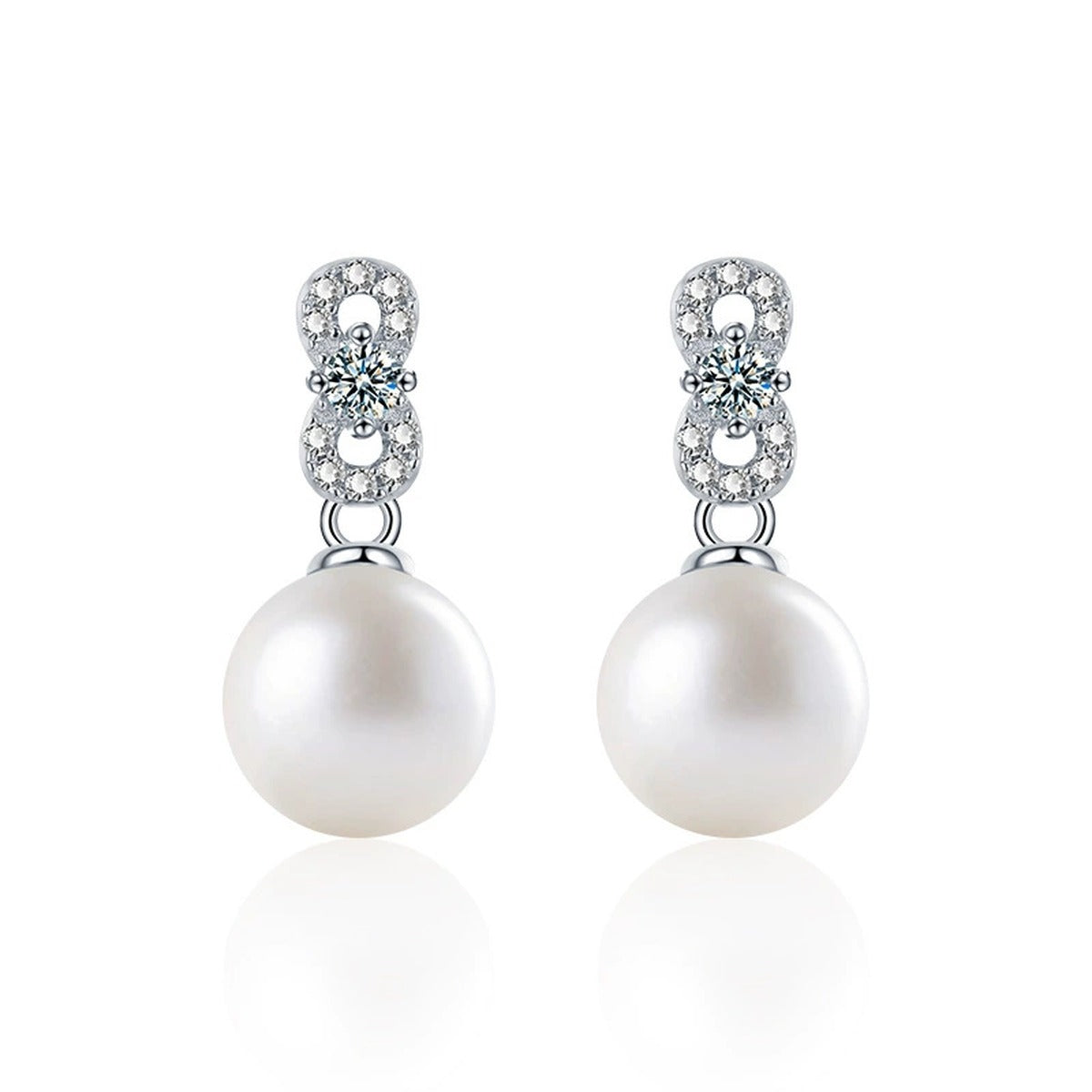 Infinity Round Moissanite and Pearl Stud Dangle Earrings with CZ in White Gold-Plated S925 sterling silver white background product photo showing the pair, stone shape, and stud dangle earrings silhouette