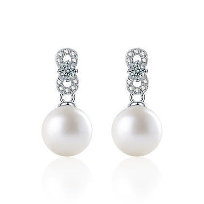 Infinity Round Moissanite and Pearl Stud Dangle Earrings with CZ in White Gold-Plated S925 sterling silver white background product photo showing the pair, stone shape, and stud dangle earrings silhouette
