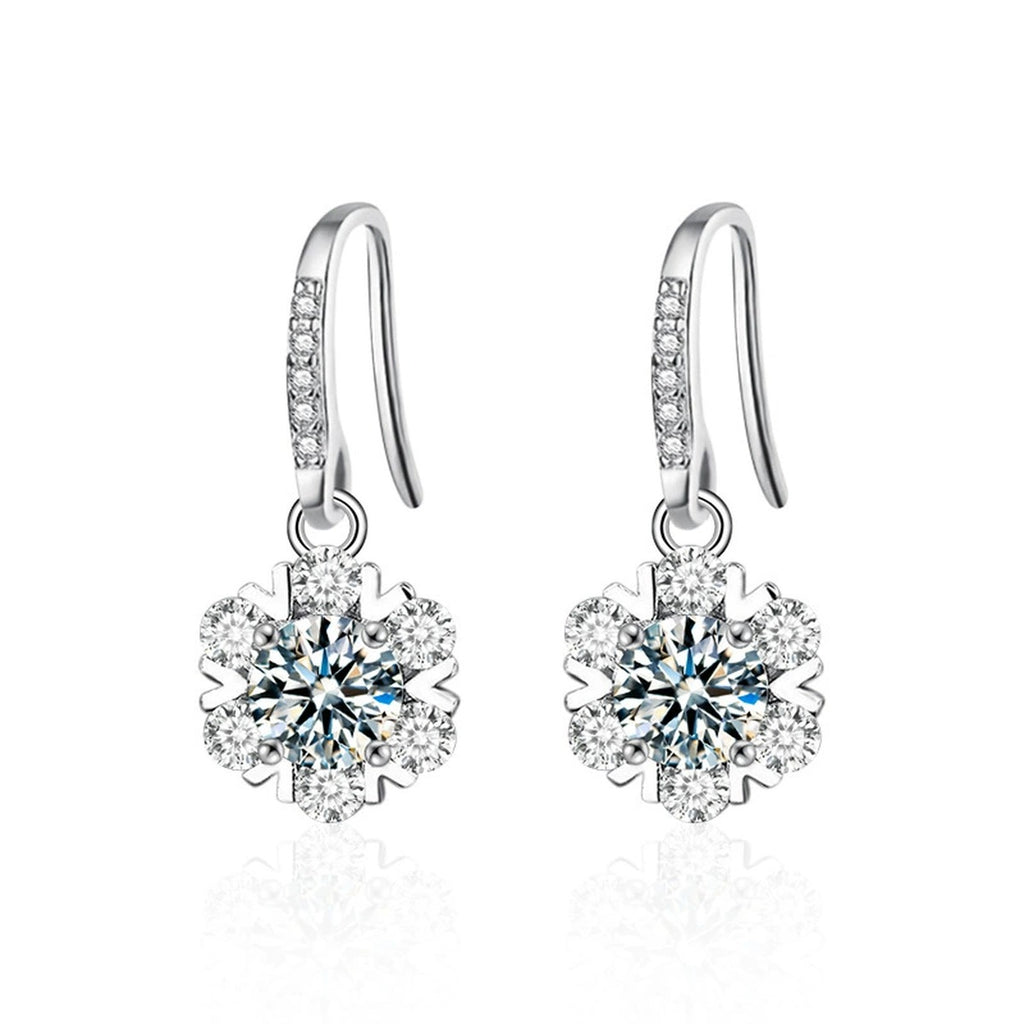 Snowflake Round Moissanite Hook Dangle Earrings with CZ in White Gold-Plated S925 sterling silver white background product photo showing the pair, stone shape, and hook dangle earrings silhouette