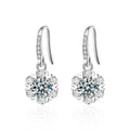 Snowflake Round Moissanite Hook Dangle Earrings with CZ in White Gold-Plated S925 sterling silver white background product photo showing the pair, stone shape, and hook dangle earrings silhouette