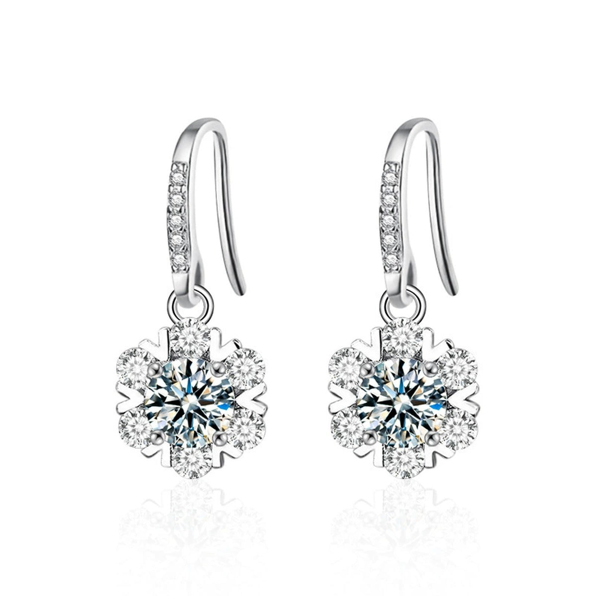 Snowflake Round Moissanite Hook Dangle Earrings with CZ in White Gold-Plated S925 sterling silver white background product photo showing the pair, stone shape, and hook dangle earrings silhouette