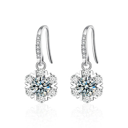 Snowflake Round Moissanite Hook Dangle Earrings with CZ in White Gold-Plated S925 sterling silver white background product photo showing the pair, stone shape, and hook dangle earrings silhouette