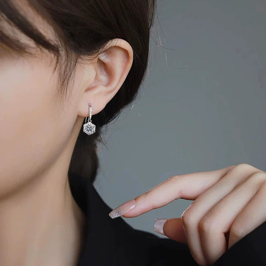 Snowflake Round Moissanite Hook Dangle Earrings with CZ in White Gold-Plated S925 sterling silver worn on ear by model showing scale, placement, and hook dangle earrings styling