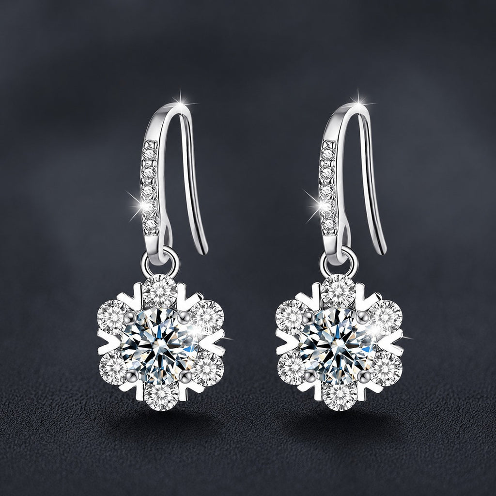 Snowflake Round Moissanite Hook Dangle Earrings with CZ in White Gold-Plated S925 sterling silver product scene view showing front sparkle