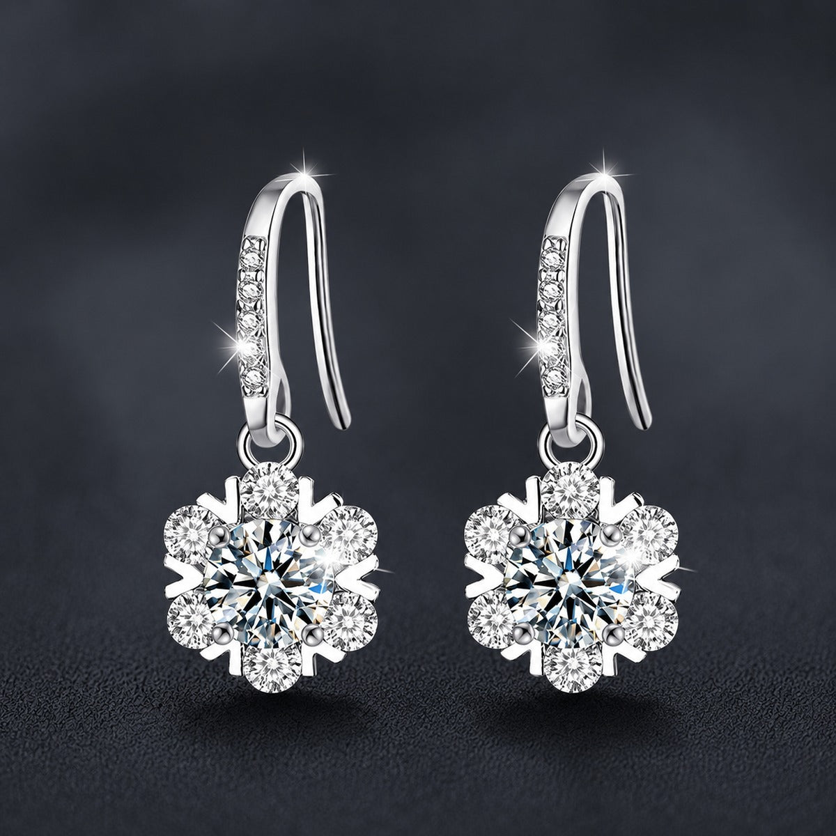 Snowflake Round Moissanite Hook Dangle Earrings with CZ in White Gold-Plated S925 sterling silver product scene view showing front sparkle