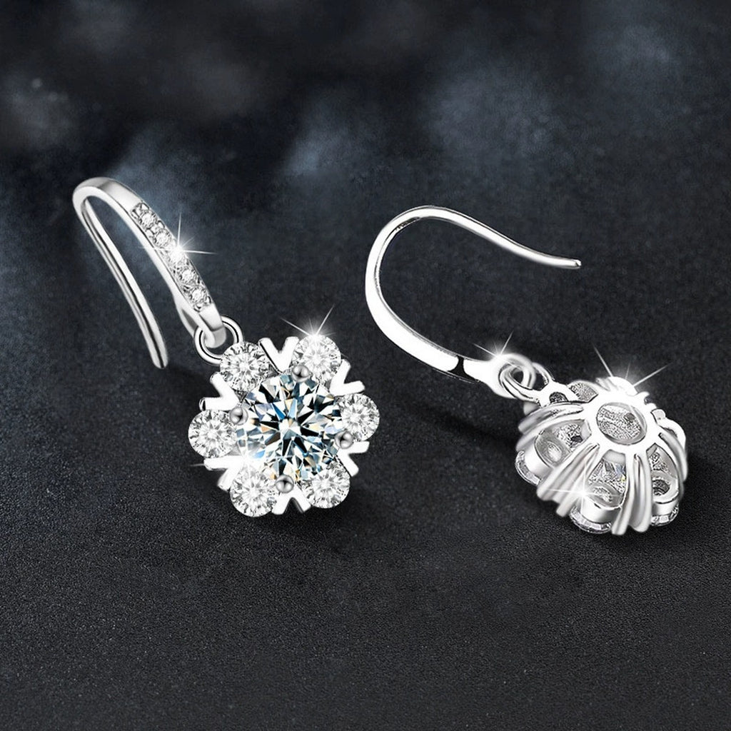 Snowflake Round Moissanite Hook Dangle Earrings with CZ in White Gold-Plated S925 sterling silver product scene view showing angled setting detail