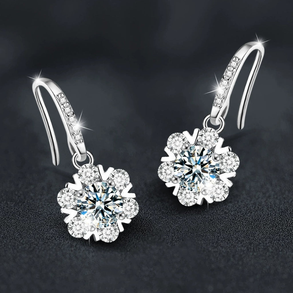 Snowflake Round Moissanite Hook Dangle Earrings with CZ in White Gold-Plated S925 sterling silver product scene view showing side profile