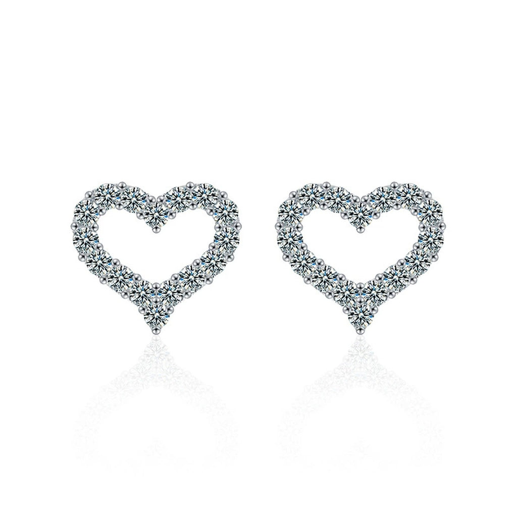 Open Heart Pave Moissanite Stud Earrings in White Gold-Plated S925 sterling silver white background product photo showing the pair, stone shape, and stud earrings silhouette