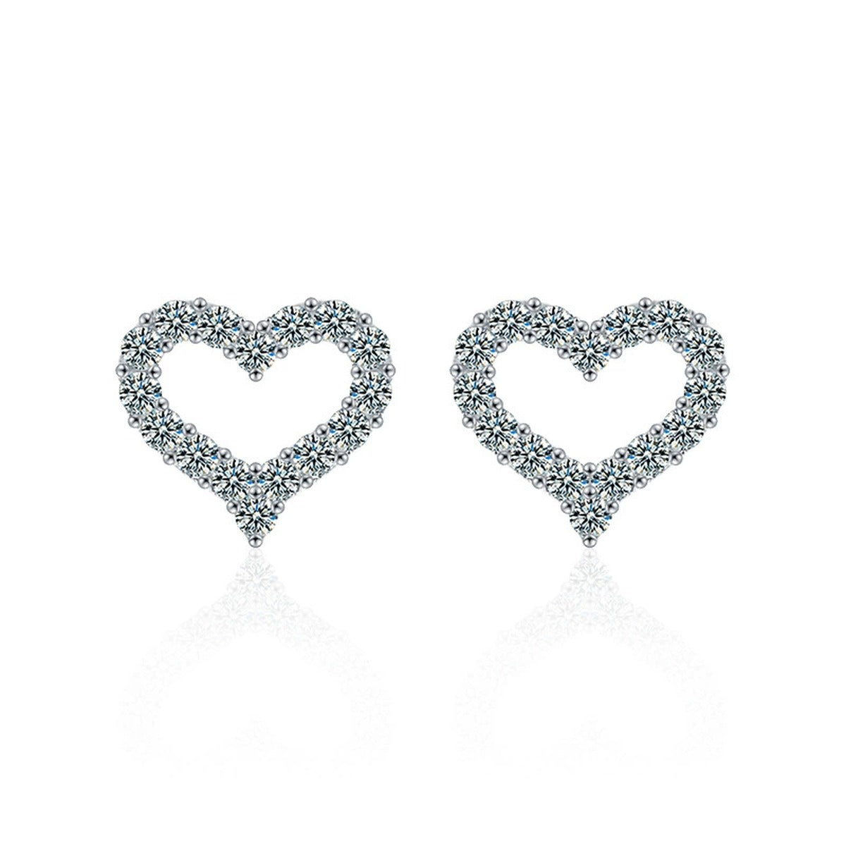 Open Heart Pave Moissanite Stud Earrings in White Gold-Plated S925 sterling silver white background product photo showing the pair, stone shape, and stud earrings silhouette