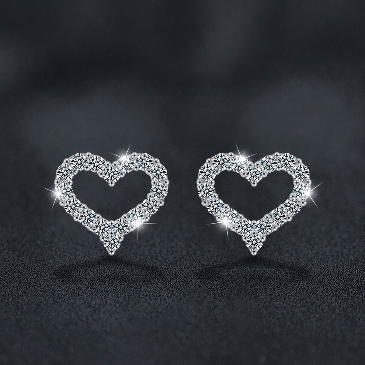 Open Heart Pave Moissanite Stud Earrings in White Gold-Plated S925 sterling silver product scene view showing front sparkle