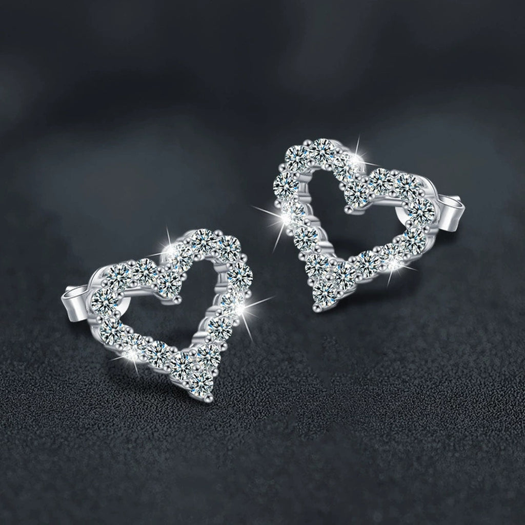 Open Heart Pave Moissanite Stud Earrings in White Gold-Plated S925 sterling silver product scene view showing angled setting detail