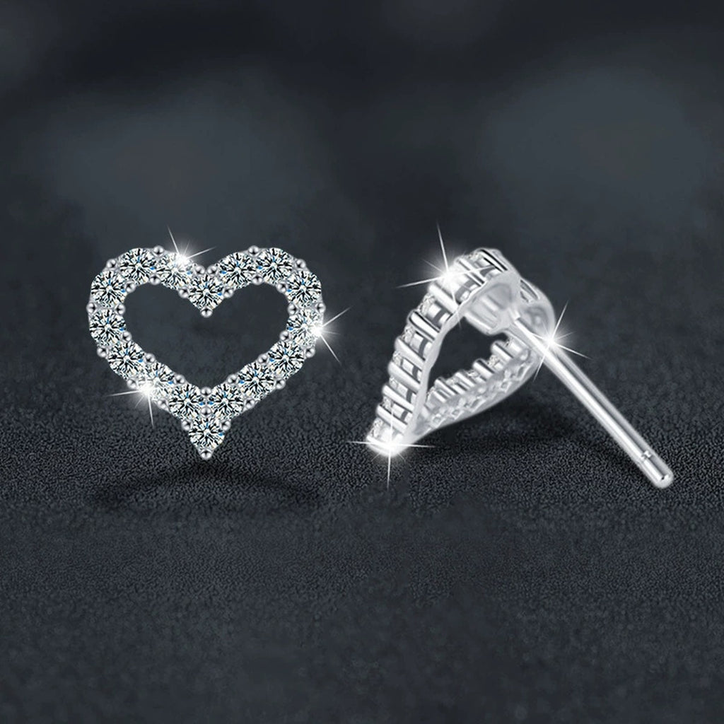 Open Heart Pave Moissanite Stud Earrings in White Gold-Plated S925 sterling silver product scene view showing side profile