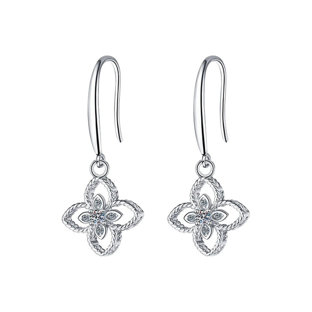 Four-Leaf Clover Round Moissanite Hook Dangle Earrings with CZ in White Gold-Plated S925 sterling silver white background product photo showing the pair, stone shape, and hook dangle earrings silhouette